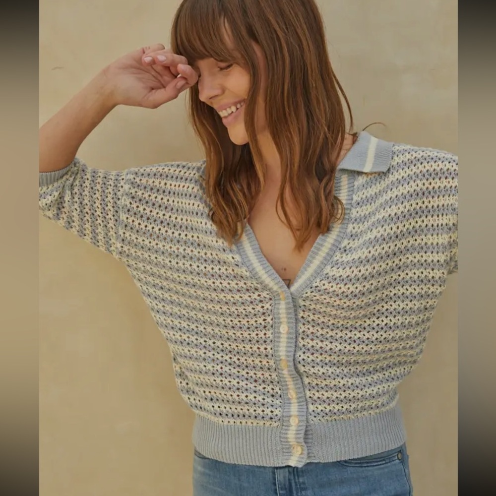 Blue and cream knit crochet cardigan sweater